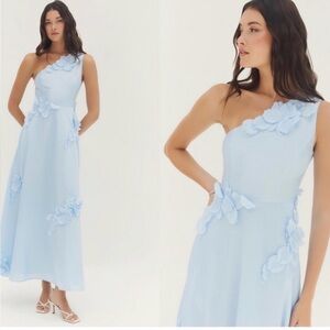 Hutch One-Shoulder Sky Blue Floral-Applique Maxi Dress